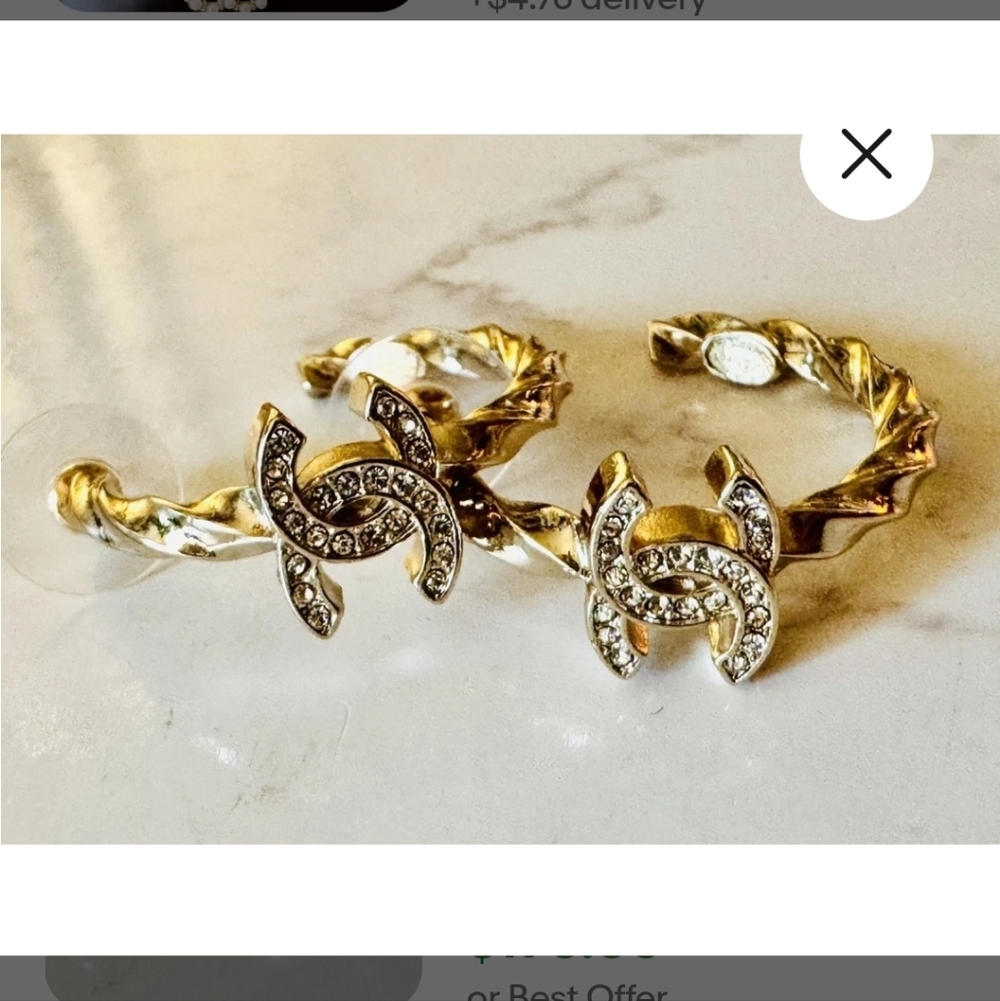 CHANEL Gold and Swarworski Crystal Logo Hoop Earrings New